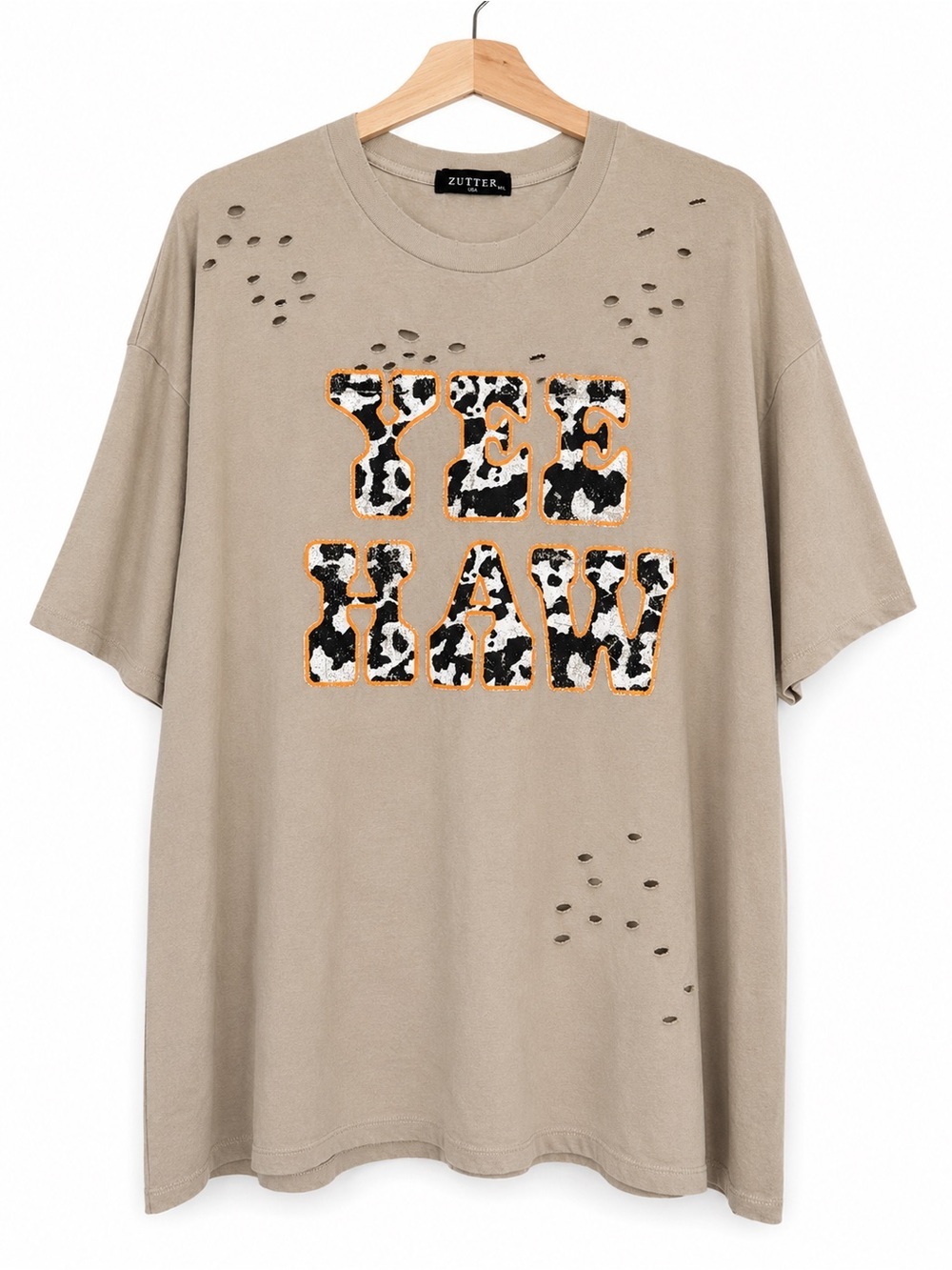 Zutter USA Yee Haw Oversized Distressed Cow Print Graphic Tee M/L Western
